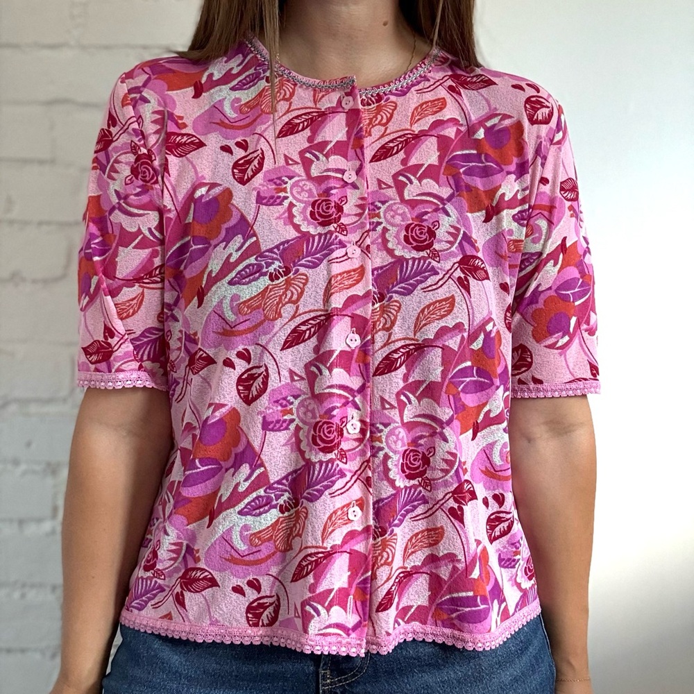 Women’s Vespucci Abstract Plant Floral Pink Shirt Top Size XL
